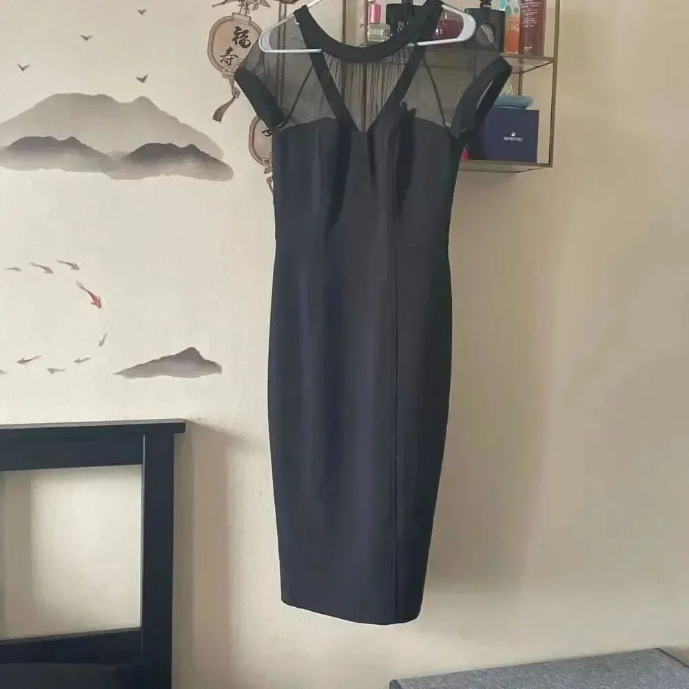 Nordstrom Maggy London classy sheer illusion bodycon black midi dress size 8 - Picture 2 of 16